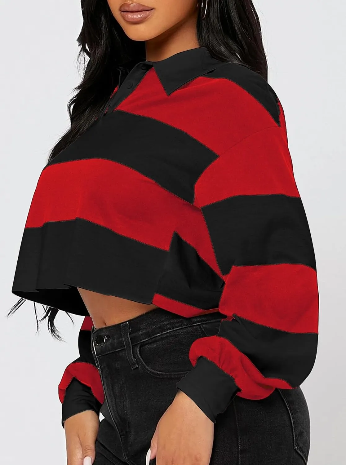 LovelyWholesale Women Striped Cropped Sweatshirts Polo Collar Long Sleeve Crop Tops