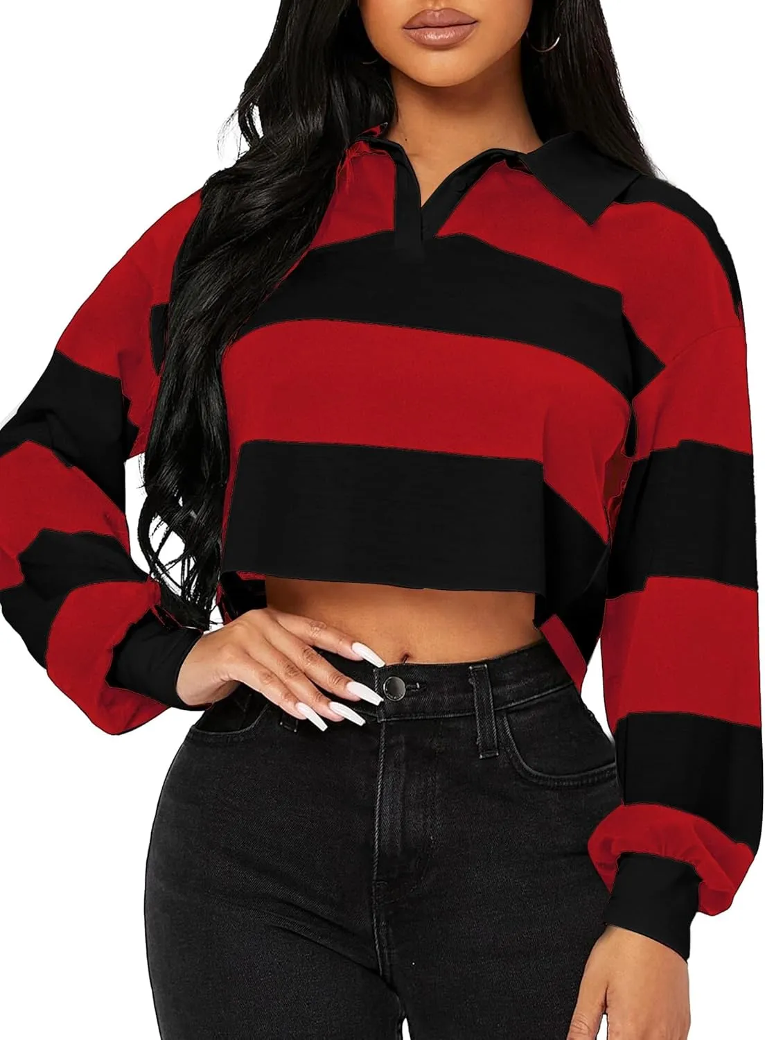 LovelyWholesale Women Striped Cropped Sweatshirts Polo Collar Long Sleeve Crop Tops
