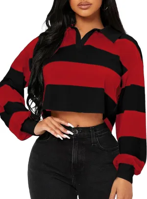 LovelyWholesale Women Striped Cropped Sweatshirts Polo Collar Long Sleeve Crop Tops