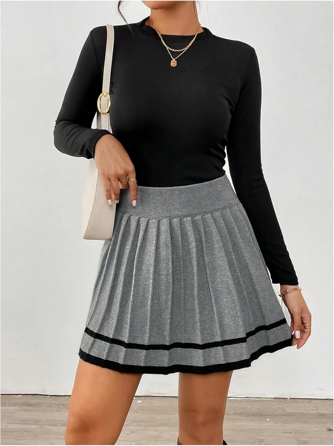 MakeMeChic Women's A Line Short Skirt Contrast Binding Elastic Waist Pleated Mini Skirts