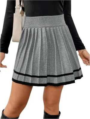 MakeMeChic Women's A Line Short Skirt Contrast Binding Elastic Waist Pleated Mini Skirts