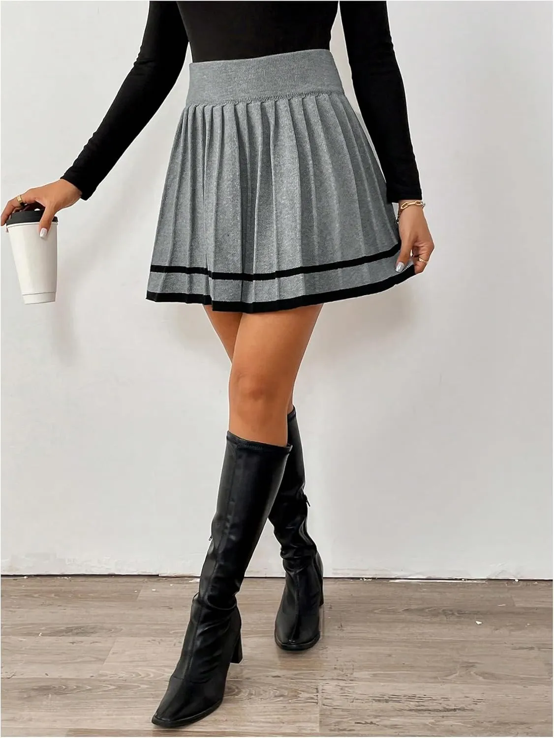 MakeMeChic Women's A Line Short Skirt Contrast Binding Elastic Waist Pleated Mini Skirts