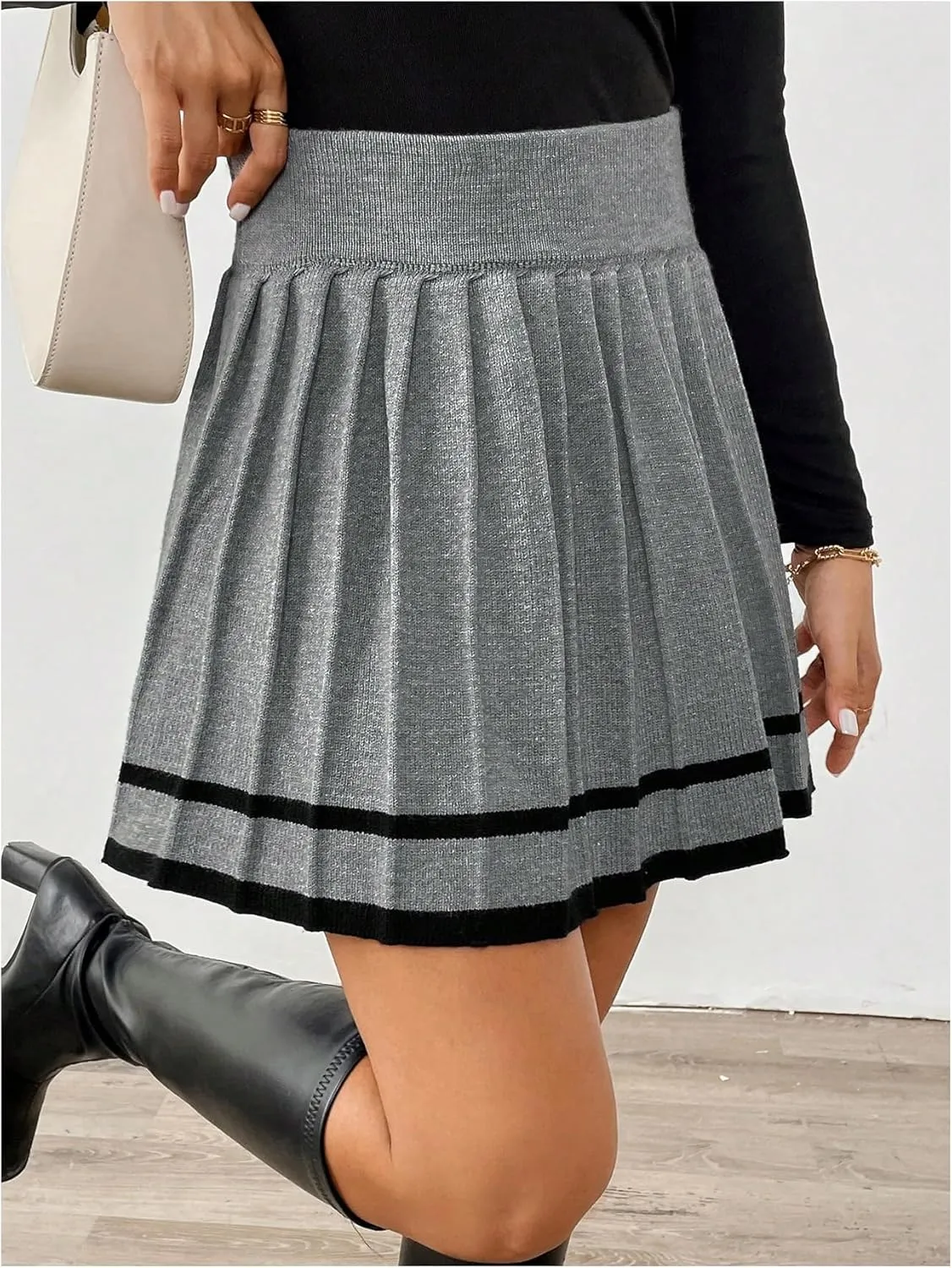 MakeMeChic Women's A Line Short Skirt Contrast Binding Elastic Waist Pleated Mini Skirts