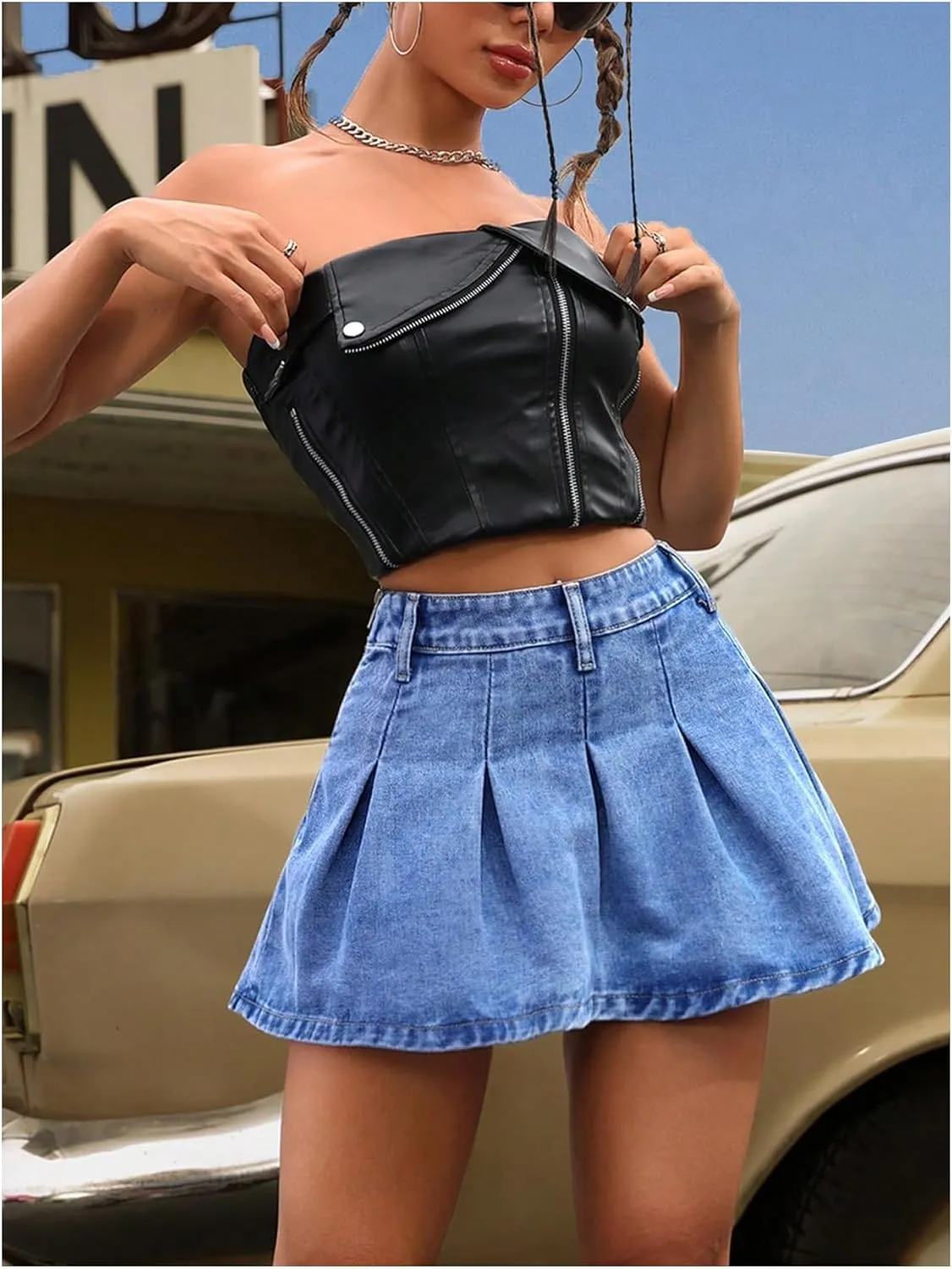 MakeMeChic Women's Plus Size Jean Skirt Pleated Y2k High Waisted Denim Pleated Mini Skirts