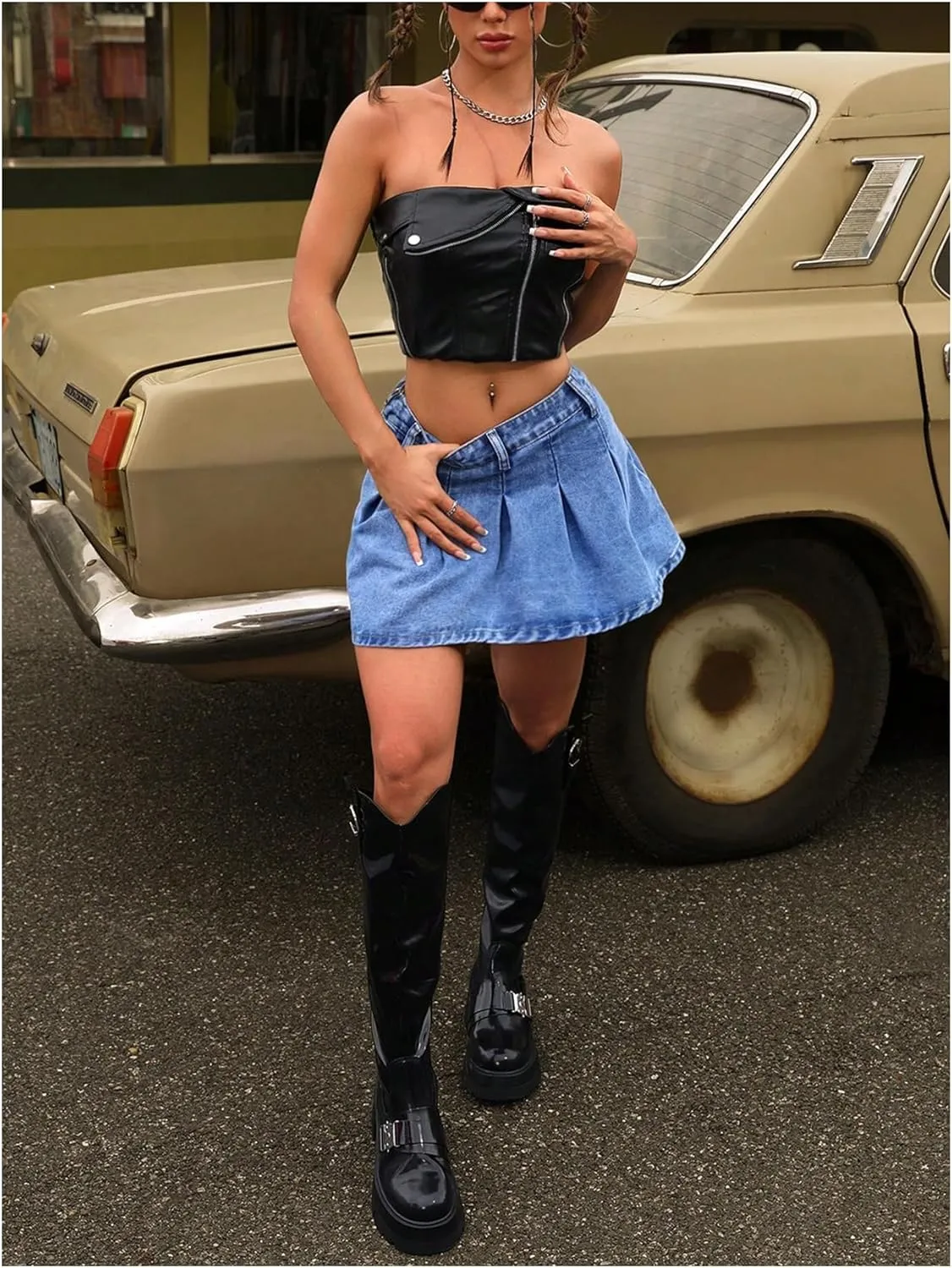 MakeMeChic Women's Plus Size Jean Skirt Pleated Y2k High Waisted Denim Pleated Mini Skirts
