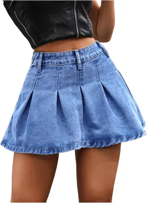 MakeMeChic Women's Plus Size Jean Skirt Pleated Y2k High Waisted Denim Pleated Mini Skirts