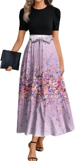 Maxi Flower Print 2025 Dresses for Women, Beach Boho Jumpsuits for Women Trendy Bow Crew Neck Womens Romper