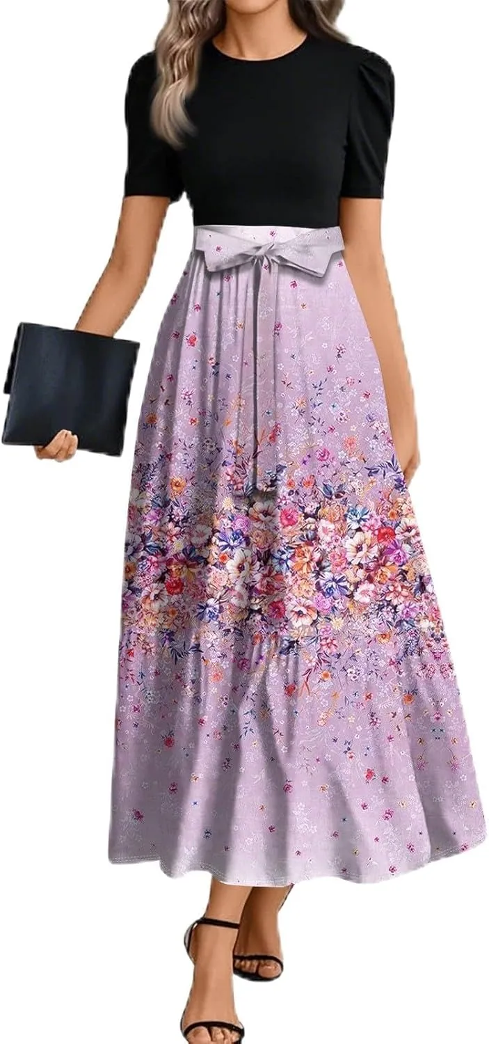 Maxi Flower Print 2025 Dresses for Women, Beach Boho Jumpsuits for Women Trendy Bow Crew Neck Womens Romper