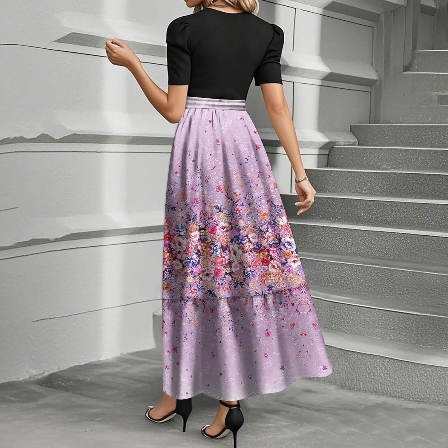 Maxi Flower Print 2025 Dresses for Women, Beach Boho Jumpsuits for Women Trendy Bow Crew Neck Womens Romper