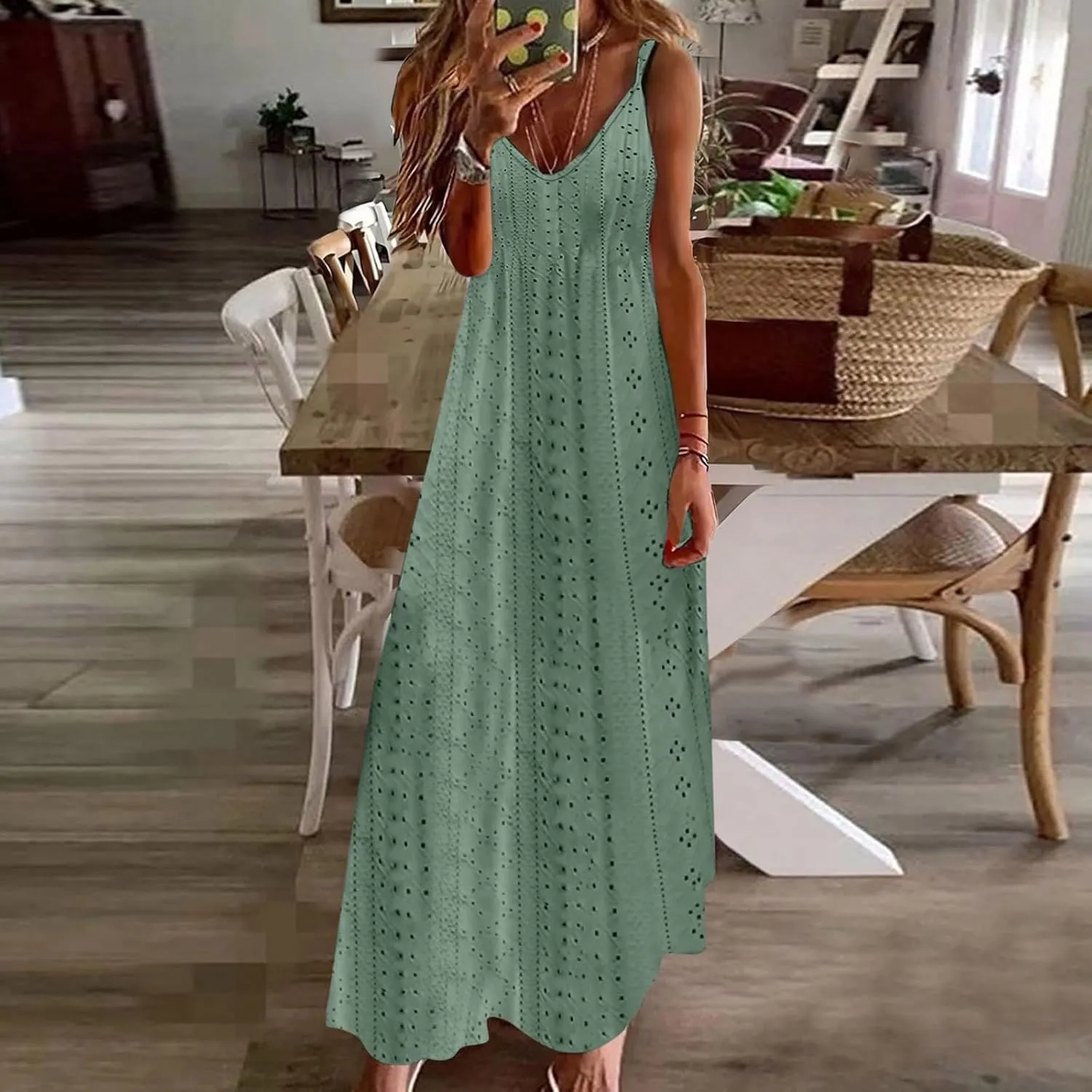 Maxi Long Dresses for Women 2025 Trendy Summer Casual V Neck Hollow Out Eyelet A Line Flowy Beach Vacation Dress