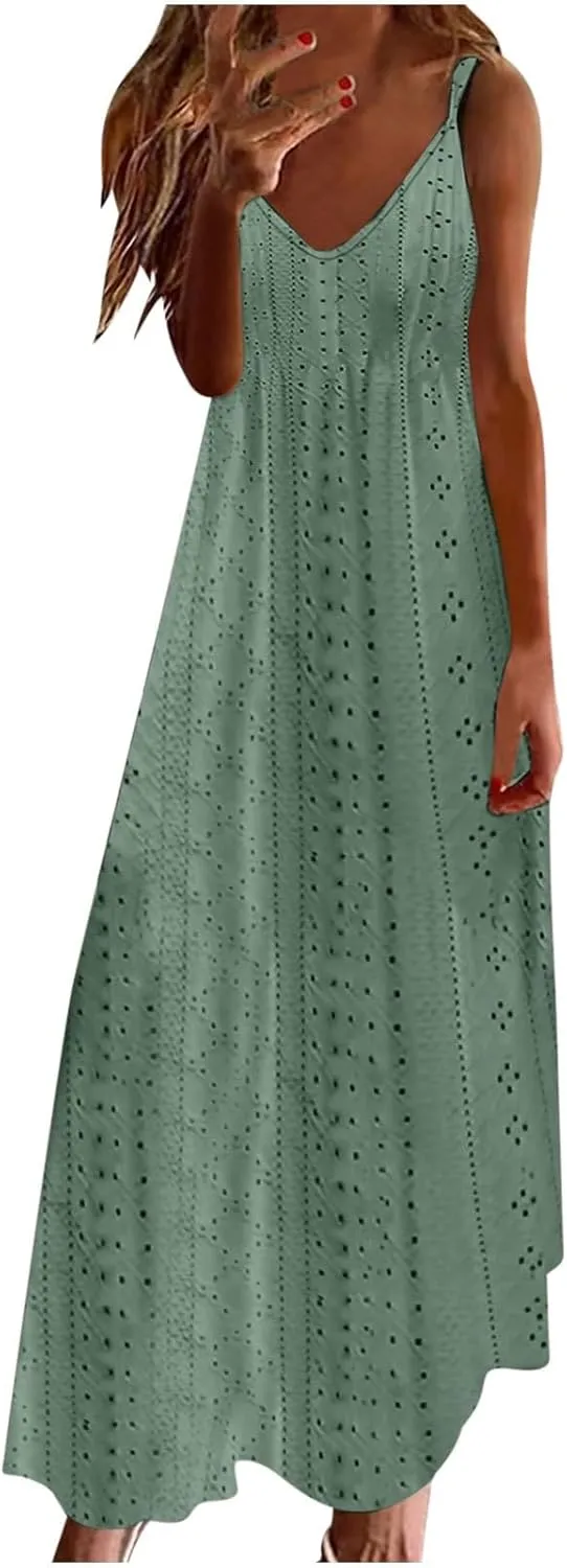 Maxi Long Dresses for Women 2025 Trendy Summer Casual V Neck Hollow Out Eyelet A Line Flowy Beach Vacation Dress