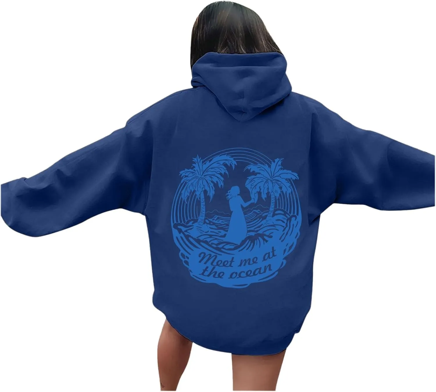 Meet Me at The Ocean Graphic Preppy Hoodies for Women Girls Cute Trendy Oversized Sweatshirts Long Sleeve Y2K Pullover Tops