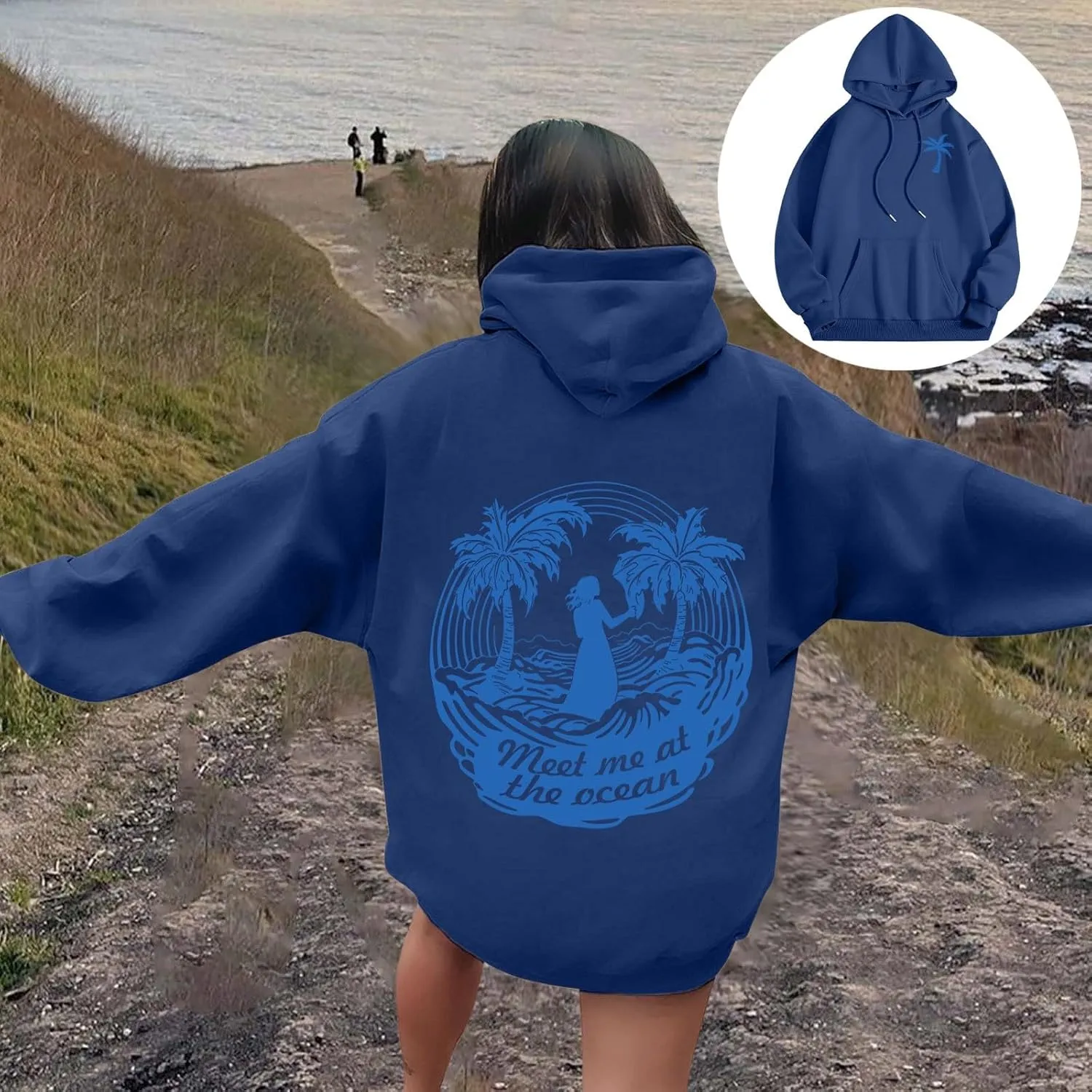 Meet Me at The Ocean Graphic Preppy Hoodies for Women Girls Cute Trendy Oversized Sweatshirts Long Sleeve Y2K Pullover Tops