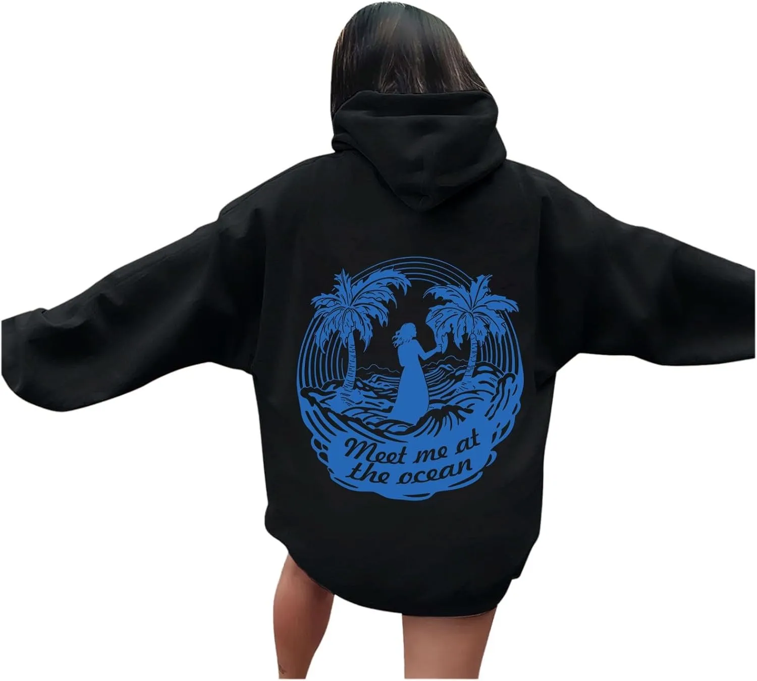 Meet Me at The Ocean Graphic Preppy Hoodies for Women Girls Cute Trendy Oversized Sweatshirts Long Sleeve Y2K Pullover Tops