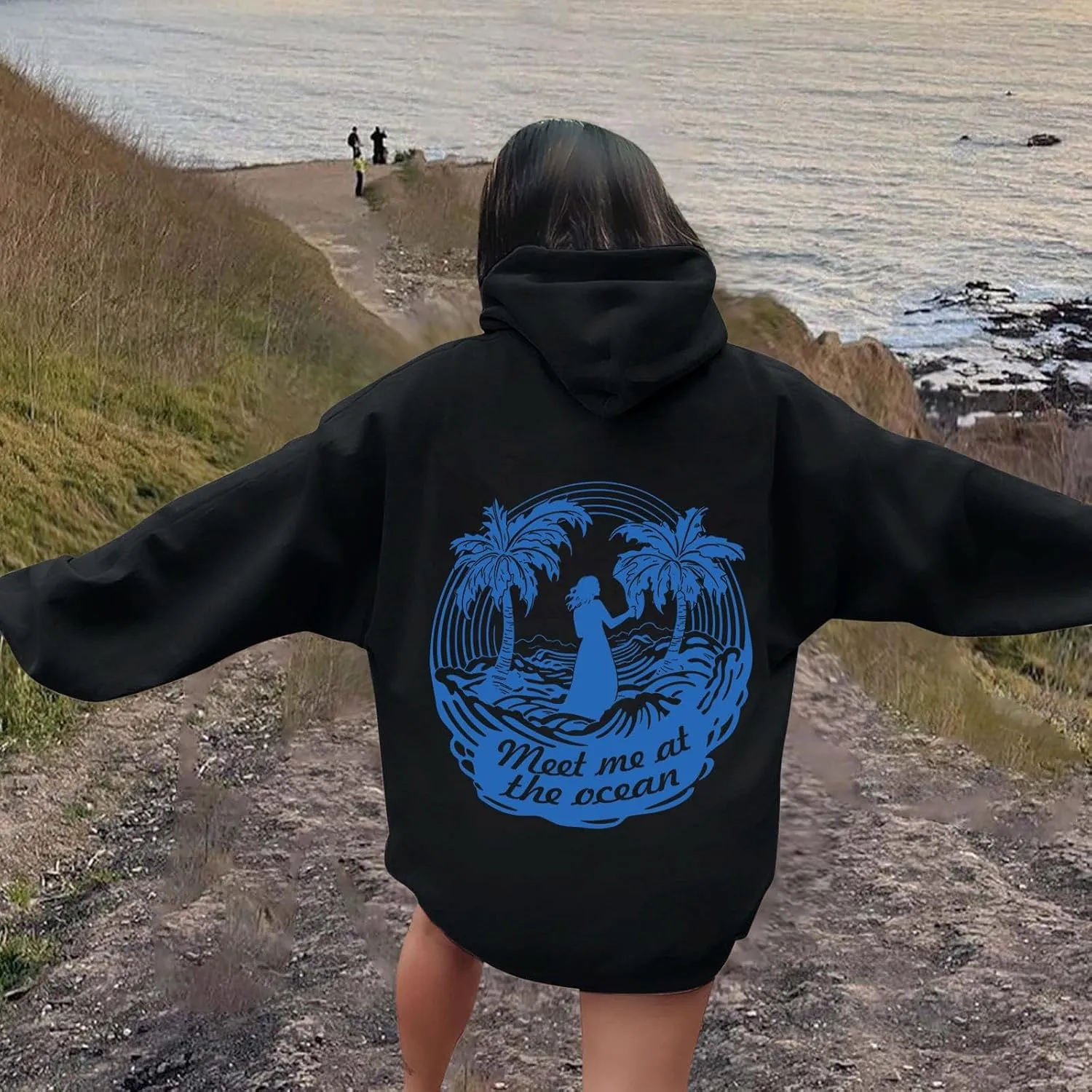 Meet Me at The Ocean Graphic Preppy Hoodies for Women Girls Cute Trendy Oversized Sweatshirts Long Sleeve Y2K Pullover Tops