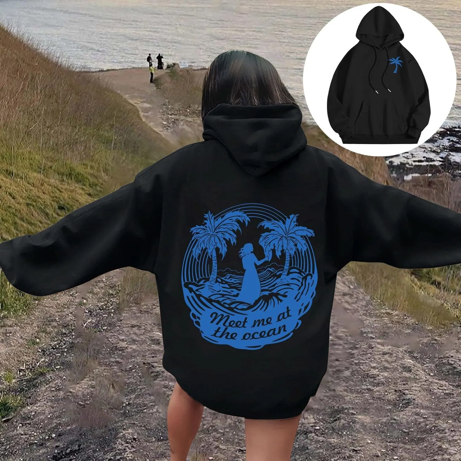 Meet Me at The Ocean Graphic Preppy Hoodies for Women Girls Cute Trendy Oversized Sweatshirts Long Sleeve Y2K Pullover Tops