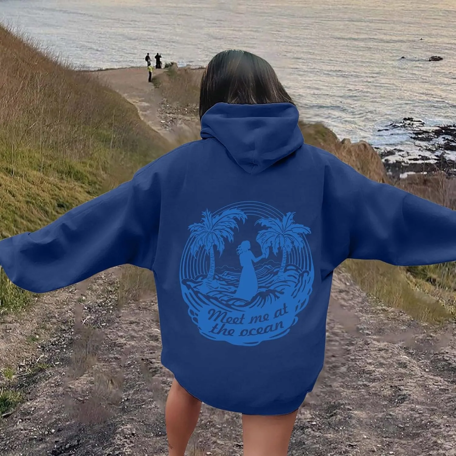 Meet Me at The Ocean Graphic Preppy Hoodies for Women Girls Cute Trendy Oversized Sweatshirts Long Sleeve Y2K Pullover Tops
