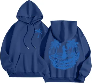 Meet Me at The Ocean Graphic Preppy Hoodies for Women Girls Cute Trendy Oversized Sweatshirts Long Sleeve Y2K Pullover Tops