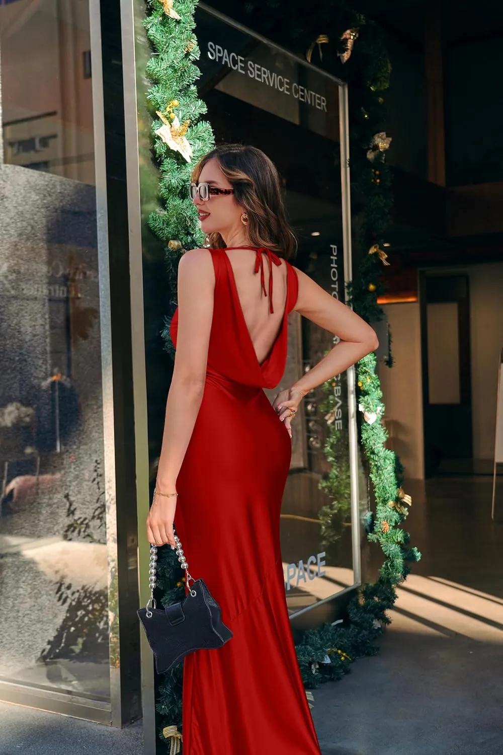 Memoriesea Women's Satin Elegant Sleeveless High Neck Tie Cocktail Party Maxi Dress