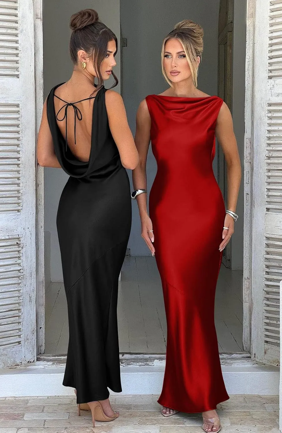 Memoriesea Women's Satin Elegant Sleeveless High Neck Tie Cocktail Party Maxi Dress