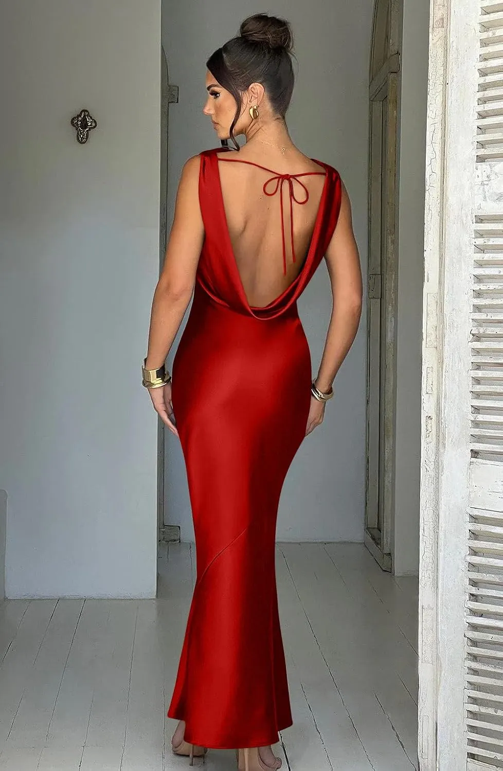Memoriesea Women's Satin Elegant Sleeveless High Neck Tie Cocktail Party Maxi Dress