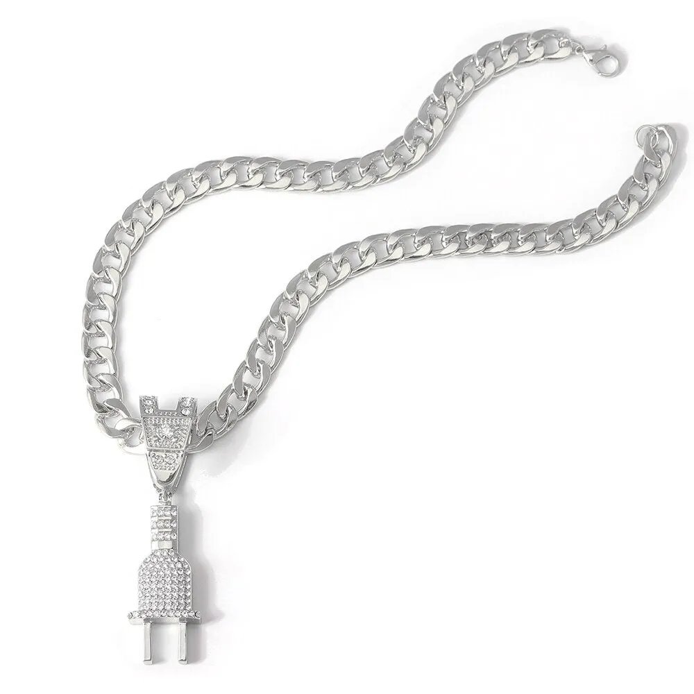 Men Women Hip Hop PLUG Letter Pendant Necklace with 16mm Crystal Cuban Chain