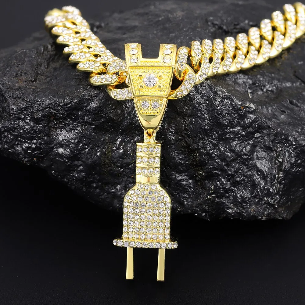 Men Women Hip Hop PLUG Letter Pendant Necklace with 16mm Crystal Cuban Chain