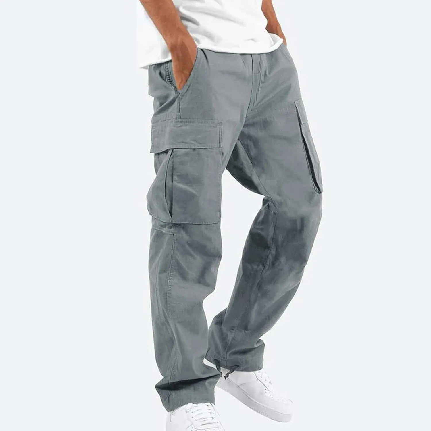 Men's Cargo Pants Relaxed fit Stretch Cargo Work Pants Drawstring Waist Straight Leg Lounge Pants with Multi Pockets