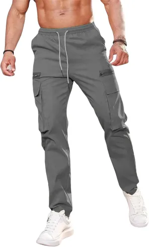 Mens Casual Cargo Joggers Elastic Waist with Drawstring Stretchy Relaxed Fit Tapered Legs for Work, Leisure
