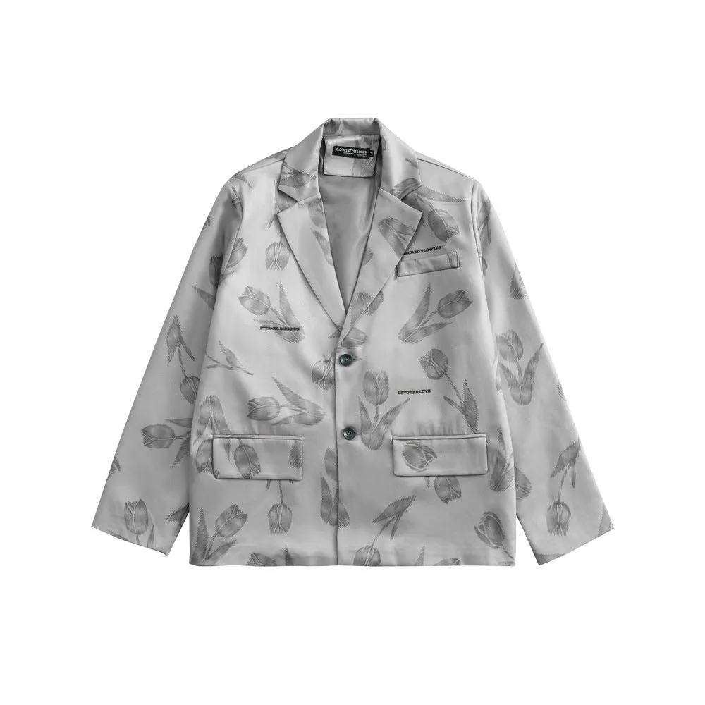 Men's Casual Suit Man Blzer Flower Full Print Blazer Loose Lapels Jacket Casual Small Suit