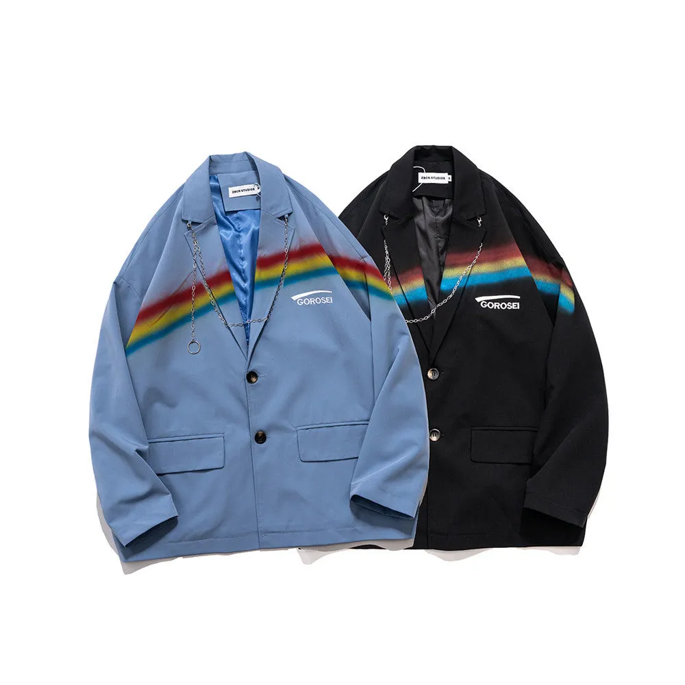 Men's Casual Suit Man Blzer Rainbow Inkjet Suit Jacket Men's Chain Loose Small Suit