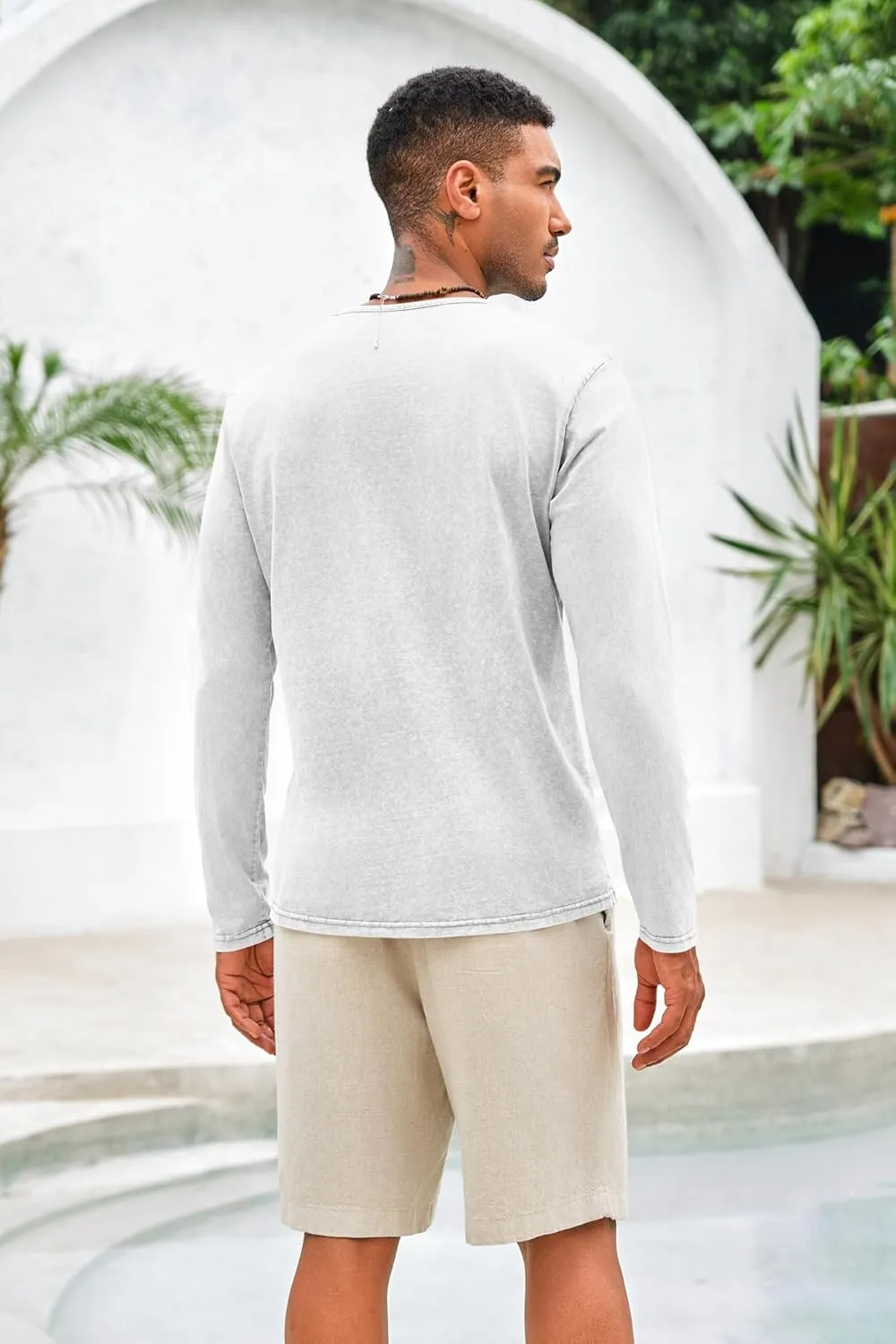 Mens Distressed Henley Shirts Front Placket Retro Long Sleeve Tee Shirts Casual Button Down Washed T-Shirts for Men