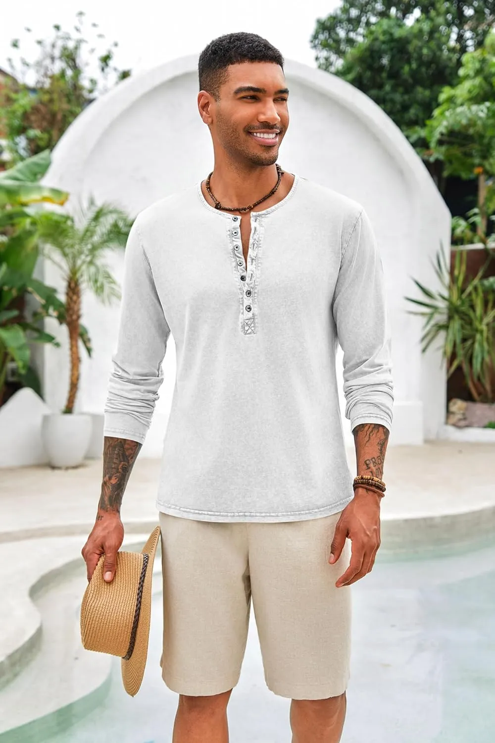 Mens Distressed Henley Shirts Front Placket Retro Long Sleeve Tee Shirts Casual Button Down Washed T-Shirts for Men