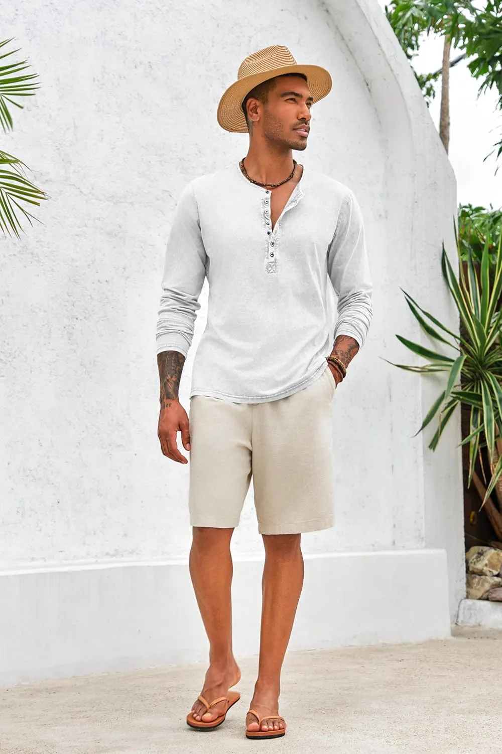 Mens Distressed Henley Shirts Front Placket Retro Long Sleeve Tee Shirts Casual Button Down Washed T-Shirts for Men