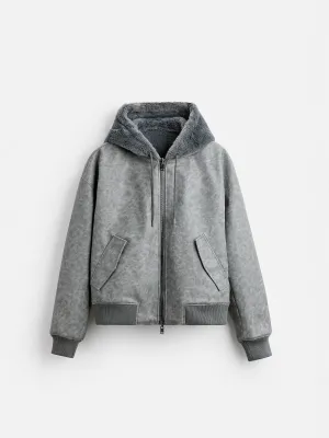Men's Double-Sided Faux Leather Hooded Bomber Jacket – Gray Winter Casual Wear