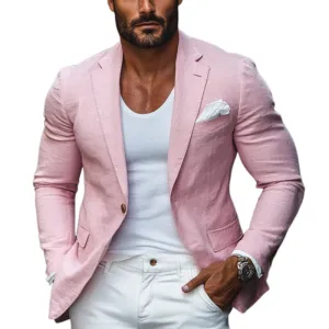 Men's Fashion Cotton and Linen Single Button Lapel Blazer 57965346Y
