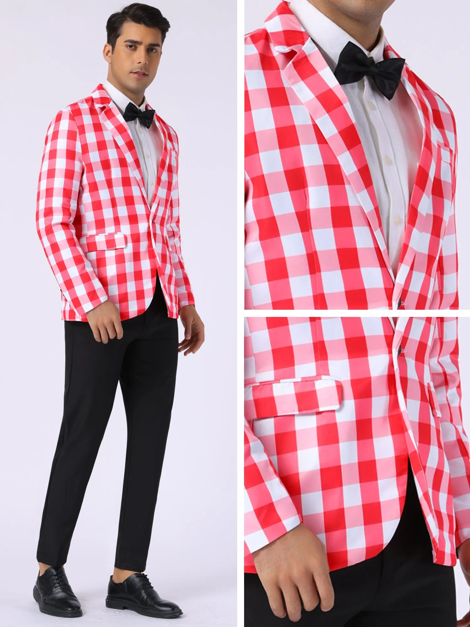 Men's Gingham Plaid Blazer Regular Fit Contrast Color Business Suit Jacket