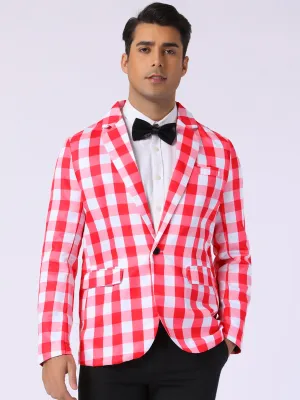Men's Gingham Plaid Blazer Regular Fit Contrast Color Business Suit Jacket