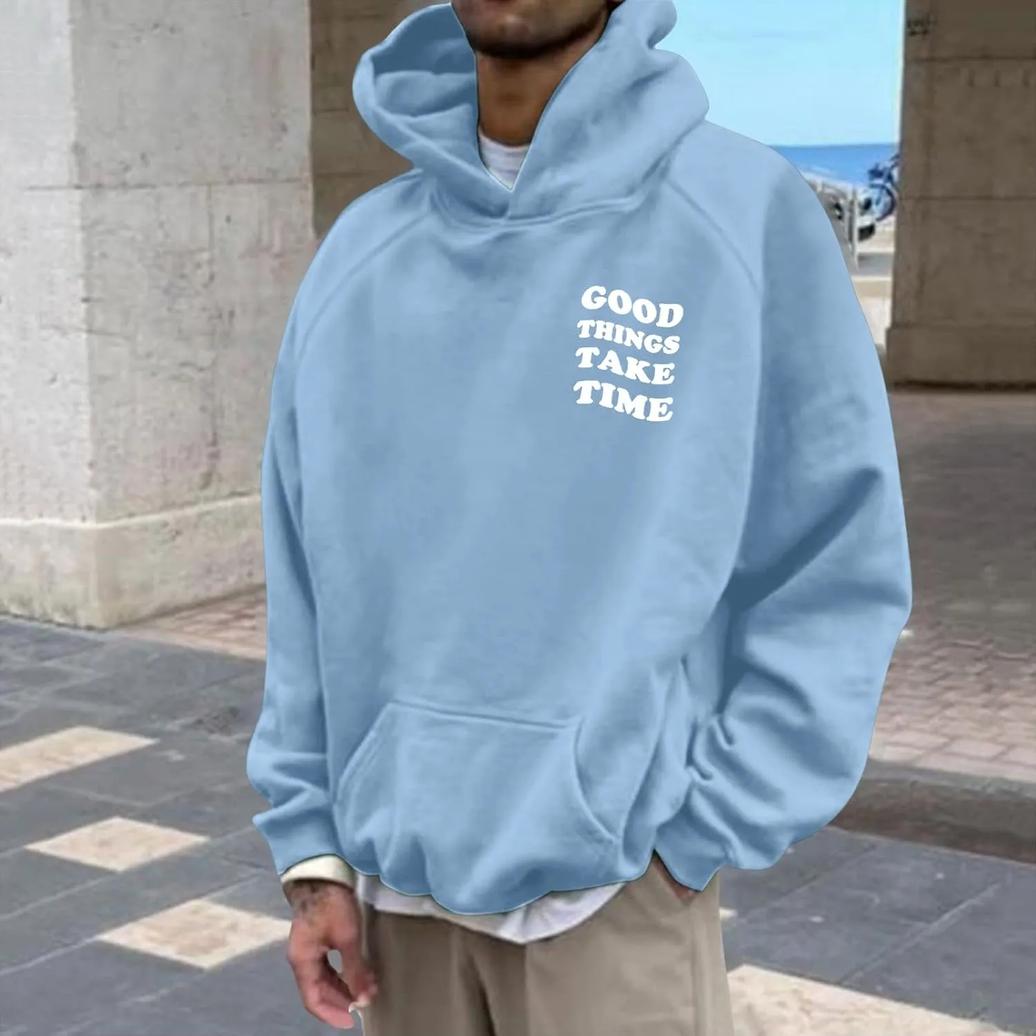 Mens Graphic Hoodies Good Things Take Time Letter Print Pullover Fleece Lined Long Sleeve Casual Tops Sweatshirts with Pocket