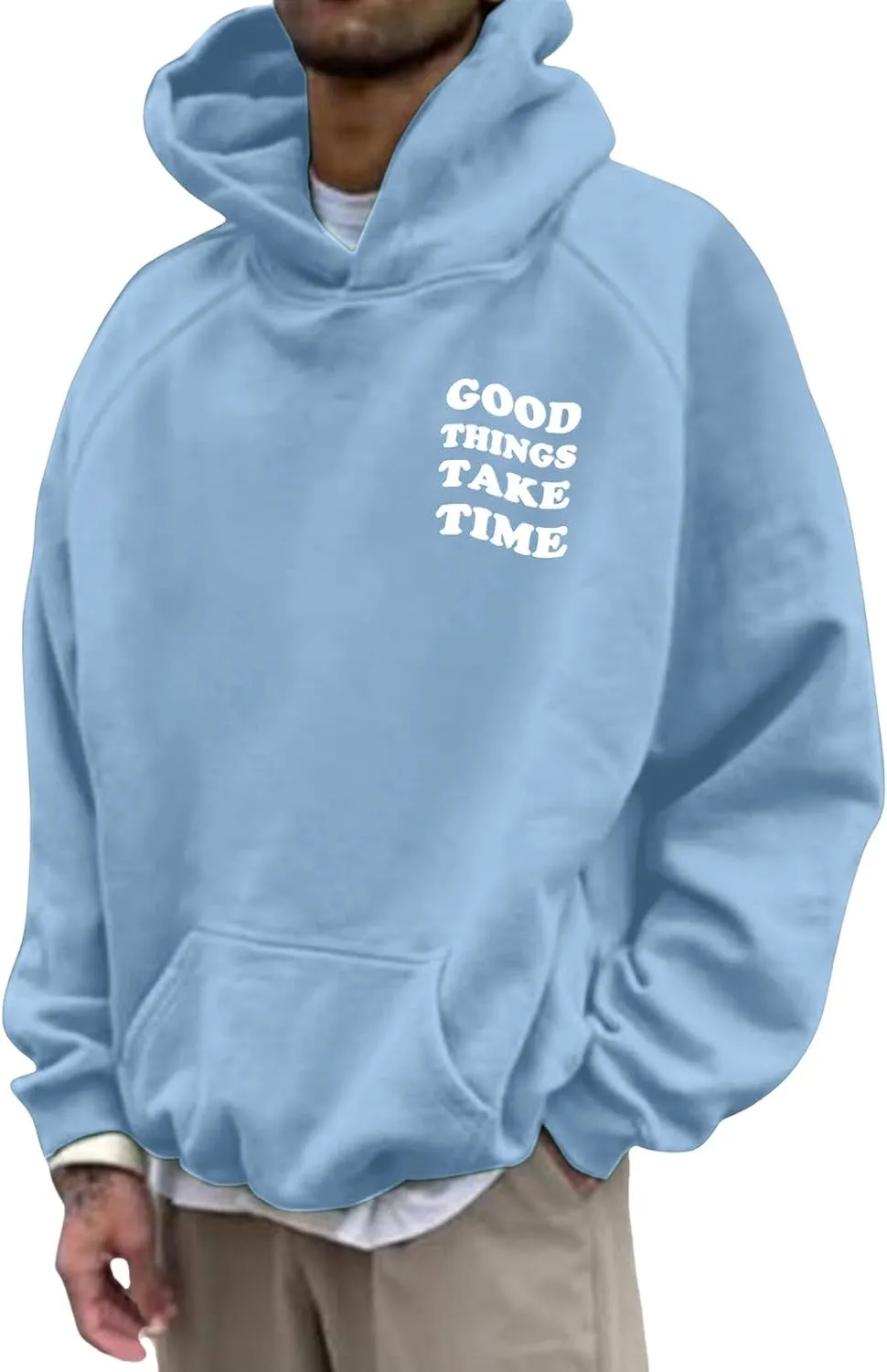 Mens Graphic Hoodies Good Things Take Time Letter Print Pullover Fleece Lined Long Sleeve Casual Tops Sweatshirts with Pocket