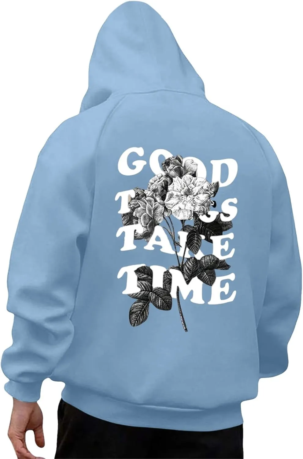 Mens Graphic Hoodies Good Things Take Time Letter Print Pullover Fleece Lined Long Sleeve Casual Tops Sweatshirts with Pocket