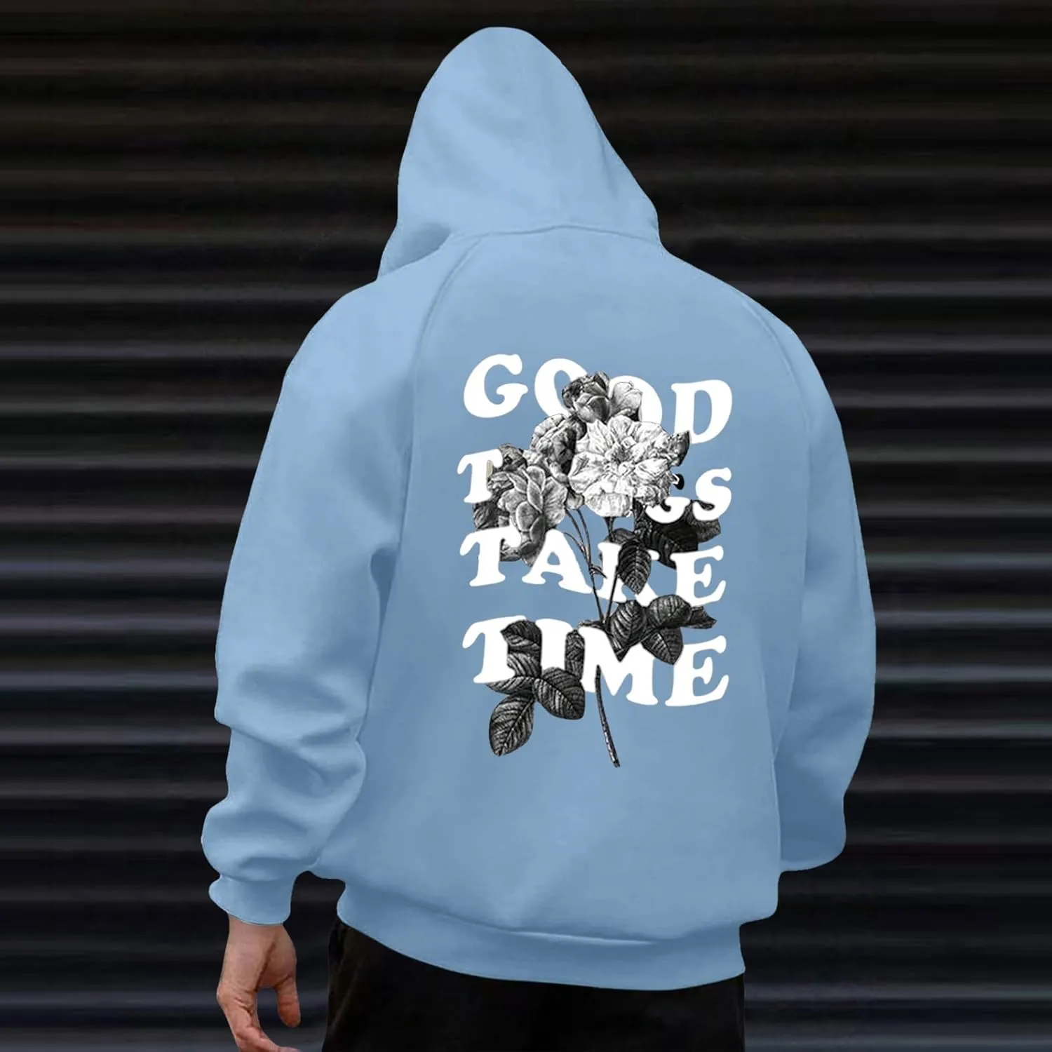Mens Graphic Hoodies Good Things Take Time Letter Print Pullover Fleece Lined Long Sleeve Casual Tops Sweatshirts with Pocket