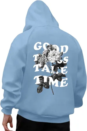Mens Graphic Hoodies Good Things Take Time Letter Print Pullover Fleece Lined Long Sleeve Casual Tops Sweatshirts with Pocket