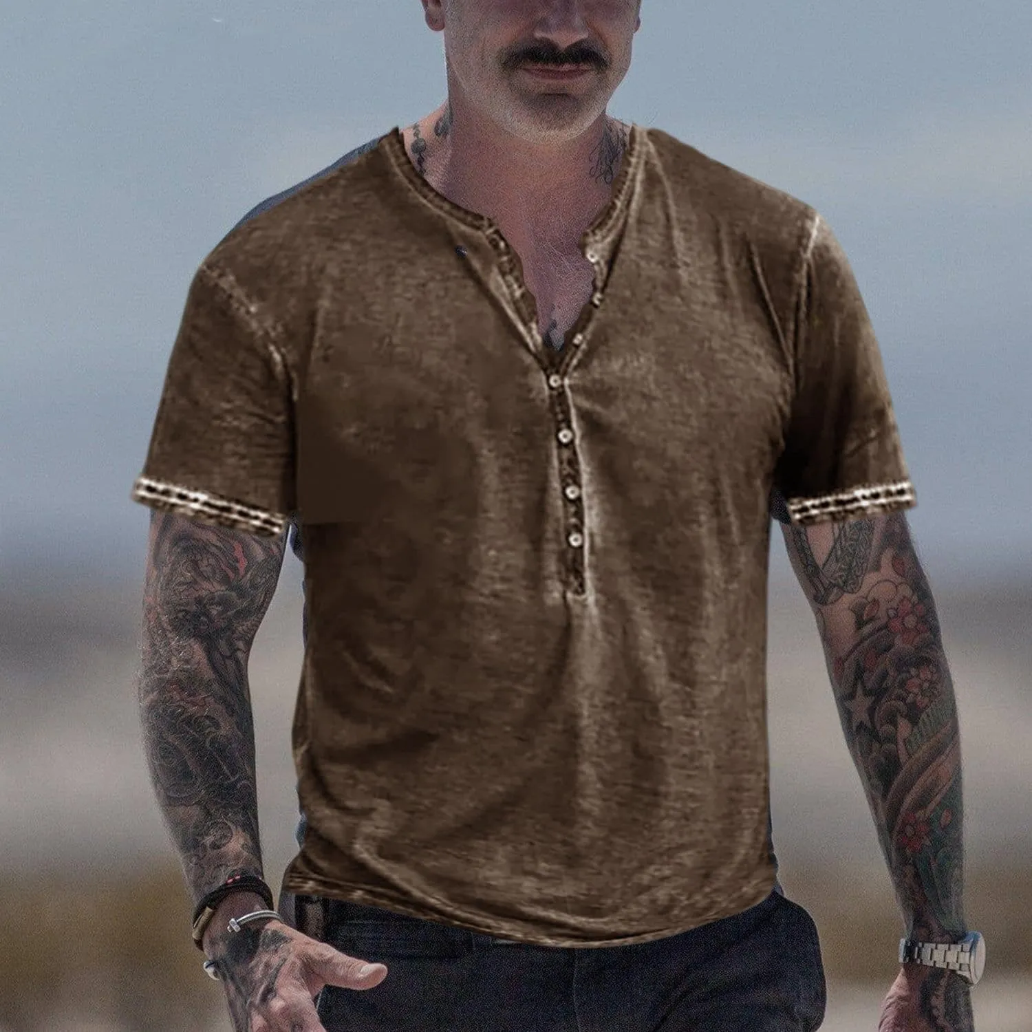Mens Henley Shirts Retro Short Sleeve Tee V Neck Shirts Casual Button Down Washed T-Shirts for Men S~2XL