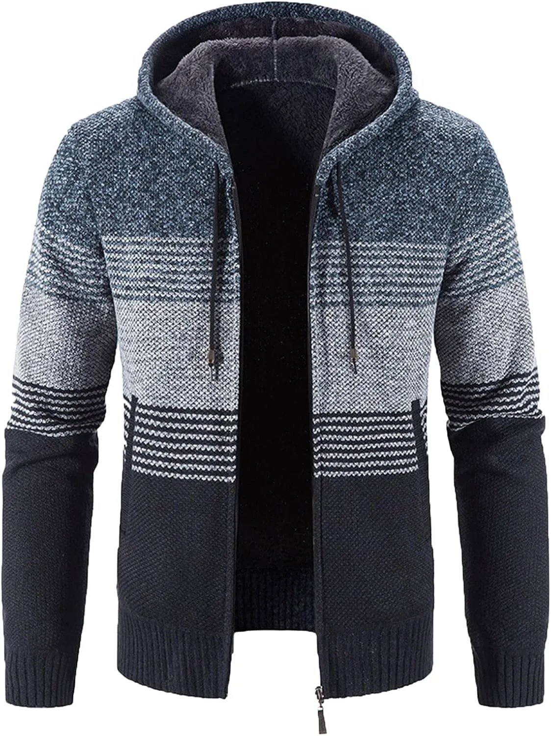 Mens Hooded Sweater Jacket Winter Warm Long Sleeve Full Zip Knitted Jackets Coats Vintage Striped Cardigan Sweaters