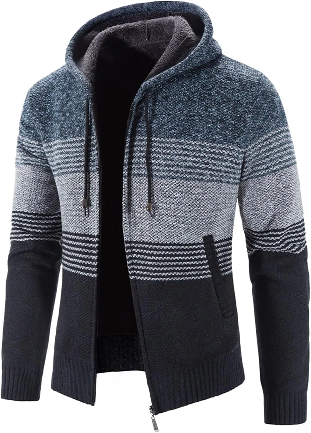 Mens Hooded Sweater Jacket Winter Warm Long Sleeve Full Zip Knitted Jackets Coats Vintage Striped Cardigan Sweaters