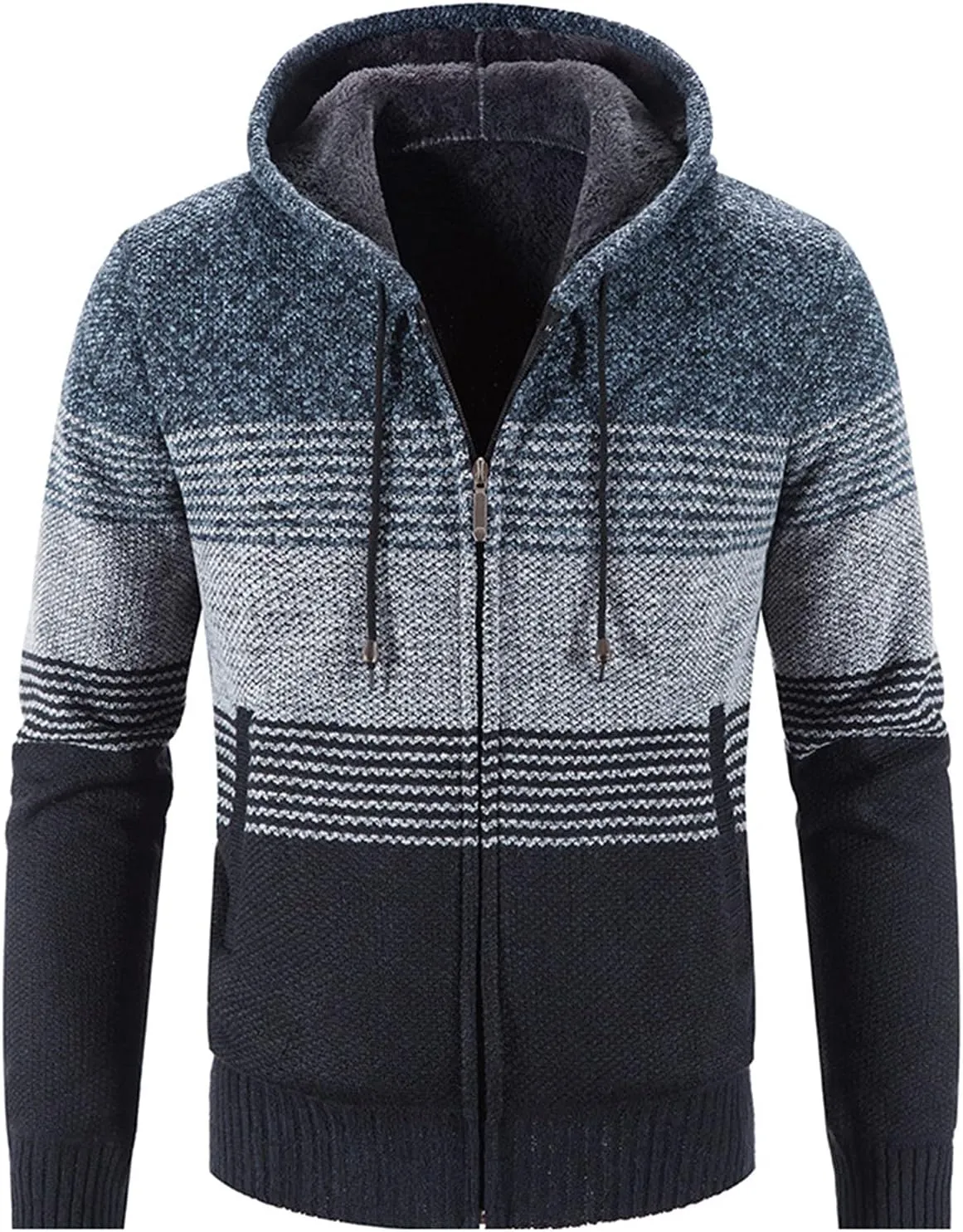 Mens Hooded Sweater Jacket Winter Warm Long Sleeve Full Zip Knitted Jackets Coats Vintage Striped Cardigan Sweaters