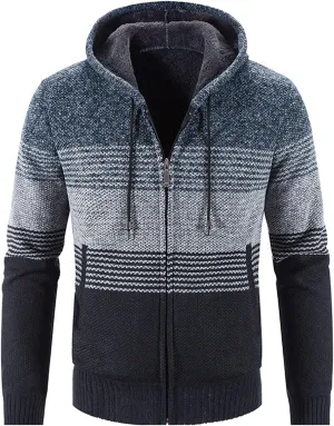 Mens Hooded Sweater Jacket Winter Warm Long Sleeve Full Zip Knitted Jackets Coats Vintage Striped Cardigan Sweaters