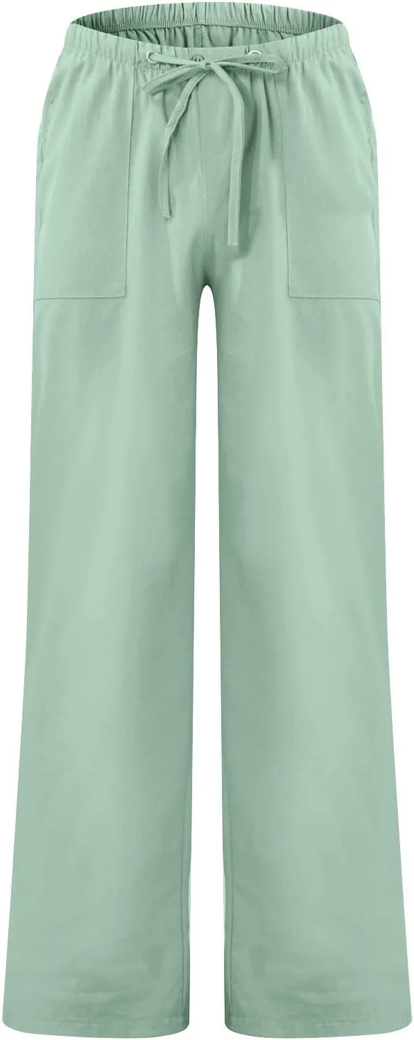 Mens Jogging Pants Men Dress Pants Loose Casual Solid Color Cotton Linen Trousers Elastic Tie Printed Straight Pants