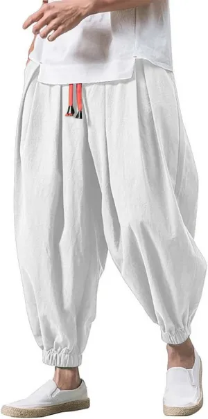 Mens Linen Harem Pants Elastic Waist Drawstring Casual Beach Yoga Crop Trousers Big and Tall Wide Leg Loose Sweatpant